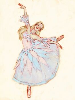 1girl ballerina ballet ballet_slippers balletcore barbie_(character) barbie_(franchise) barbie_of_swan_lake blonde_hair blue_dress dress feather-trimmed_sleeves feather_dress feather_skirt feathers gem highres jewelry lauren_illustrated long_hair necklace odette_(barbie) pastel_colors pink_dress sleeveless solo tiara tutu