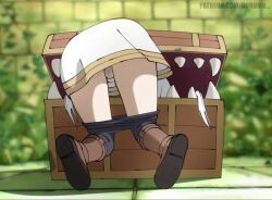 1girl 1other animated ass ass_focus ass_shake blurry blurry_background boots commentary english_commentary frieren frieren_stuck_in_a_mimic_(meme) gurumo_(twitter) legs long_hair looping_animation lower_body meme mimic mimic_chest panties petite sharp_teeth skirt sousou_no_frieren stained_panties struggling stuck tagme teeth thigh_gap underwear upskirt video vore vore_sex white_hair white_panties