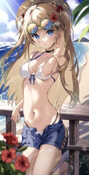 Rule 34 | 1girl, @shun, bare shoulders, beach, bikini, black choker, blue eyes, blue shorts, breasts, brown hair, choker, collarbone, day, eyewear on head, flower, front-tie bikini top, front-tie top, hair flower, hair ornament, hat, highres, jacket, long hair, looking at viewer, navel, neon genesis evangelion, ocean, open clothes, open fly, open jacket, outdoors, parted lips, red flower, round eyewear, short shorts, shorts, small breasts, solo, souryuu asuka langley, standing, stomach, straw hat, string bikini, summer, sunglasses, sweat, swimsuit, white bikini