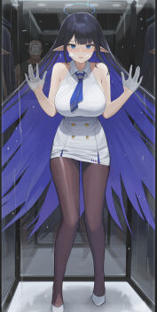 Rule 34 | absurdres, against glass, bare shoulders, black hair, black pantyhose, blue archive, blue eyeliner, blue hair, blue halo, blue necktie, breasts, collared dress, colored inner hair, dolri, doodle sensei (blue archive), dress, eyeliner, fish tank, full body, gloves, hair spread out, half gloves, halo, high heels, highres, holding breath, large breasts, looking at viewer, makeup, multicolored hair, necktie, pantyhose, pointy ears, rin (blue archive), sensei (blue archive), standing, submerged, underwater, white gloves