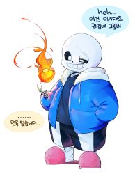 2boys full_body grillby highres jacket korean_text multiple_boys sandals sans_(undertale) simple_background smile standing translation_request undertale utdr_(toby_fox) white_background yamtteng