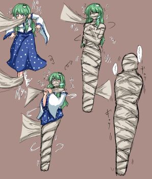 1girl asphyxiation bandages bdsm blindfold bondage bound cloth_gag full_body gag gagged green_hair improvised_gag kochiya_sanae mummification mummy over_the_nose_gag peril sanamieigetu9 scared sensory_deprivation sequential struggling touhou wrapped_up
