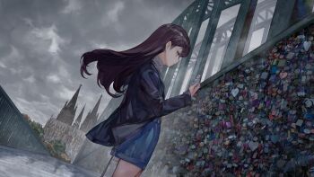 Rule 34 | 1girl, absurdres, bang dream!, bang dream! it's mygo!!!!!, black hair, black jacket, blue shorts, bridge, closed mouth, cloud, cloudy sky, cologne, cologne cathedral, commentary, commission, english commentary, germany, highres, jacket, lock, long hair, mygo!!!!! (bang dream!), padlock, purple eyes, real world location, second-party source, shiina taki, shorts, sky, solo, wb yimo