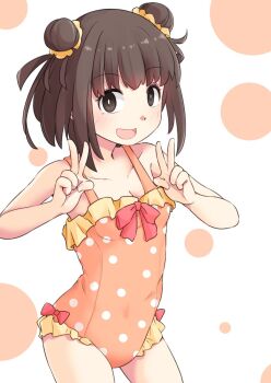 Rule 34 | 1girl, antenna hair, blush, breasts, brown eyes, brown hair, casual one-piece swimsuit, cleavage, cowboy shot, double bun, double v, hair bun, hair ornament, highres, kantai collection, naka (kancolle), okitarou (okiyo), one-piece swimsuit, open mouth, orange one-piece swimsuit, polka dot, polka dot swimsuit, short hair, small breasts, solo, swimsuit, v, white background
