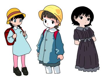 3girls backpack bag black_eyes black_hair blue_dress brown_hair child dress full_body gosari_draw hat highres holding_strap kindergarten_uniform long_sleeves looking_at_viewer multiple_girls original pantyhose randoseru school_hat short_hair twintails upper_body white_background yellow_hat