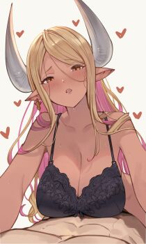 1boy 1girl abs ayacho bare_shoulders blonde_hair blush breasts brown_eyes cleavage collarbone colored_inner_hair dark-skinned_female dark_skin draph granblue_fantasy groin hair_between_eyes highres horns interracial kumbhira_(granblue_fantasy) large_breasts looking_at_viewer multicolored_hair open_mouth pink_hair pointy_ears pov sitting sitting_on_person