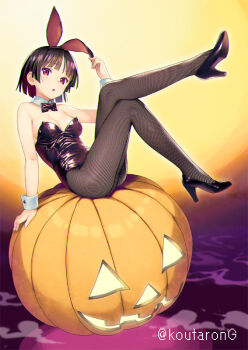 1girl animal_ears bare_shoulders black_hair bob_cut bow bowtie breasts commentary_request crossed_legs detached_collar fishnet_pantyhose fishnets halloween high_heels jack-o'-lantern koutaro leotard looking_at_viewer medium_breasts moon original pantyhose playboy_bunny rabbit_ears red_eyes short_hair sitting solo strapless strapless_leotard thighs twitter_username wrist_cuffs