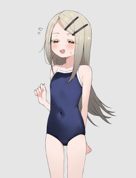 1girl absurdres arm_behind_back armpit_crease blonde_hair blue_one-piece_swimsuit blush colored_eyelashes commentary_request competition_school_swimsuit covered_navel cowboy_shot flat_chest flipped_hair gakuen_idolmaster gradient_hair grey_background grey_hair hair_ornament hairclip half-closed_eyes hand_up highres idolmaster long_hair looking_at_viewer multicolored_hair one-piece_swimsuit open_mouth orange_eyes parallel_hairclips parted_bangs sabi1234 school_swimsuit shinosawa_hiro simple_background small_sweatdrop solo standing swimsuit