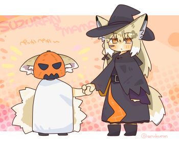 2girls animal_ears arknights artist_name blonde_hair commentary_request facial_scar fox_ears fox_girl fox_tail halloween halloween_costume hat highres holding_hands kitsune lcron long_hair long_sleeves mother_and_daughter multiple_girls orange_eyes scar scar_on_cheek scar_on_face suzuran_(arknights) tail twitter_username vulpisfoglia_(arknights) witch_hat