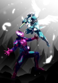 2boys angel_and_devil angel_wings armor battle belt blue_armor blue_background blue_bodysuit blue_headwear bodysuit brothers commentary corrupted_twitter_file darkness demon fighting fingernails flying giffard_rex giffard_rex_vistamp gloves glowing glowing_eyes helmet highres holy_live kamen_rider kamen_rider_live kamen_rider_revi kamen_rider_revice kamen_rider_ultimate_revi light livegun male_focus multicolored_gloves multiple_boys official_alternate_costume otokamu pink_armor pink_eyes pink_gloves revice_driver shaded_face shadow sharp_fingernails sharp_teeth shoulder_armor siblings standing tail teeth tokusatsu two_sidriver tyrannosaurus_rex visor visor_(armor) white_eyes white_wings wing_genome wings