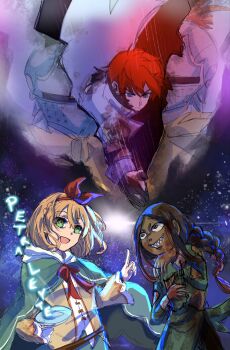 aldebaran_(re:zero) blue_eyes bow commentary dark_skin dress english_commentary galaxy green_dress green_shirt hair_bow helmet highres knight petra_leyte ponlypone ponytail re:zero_kara_hajimeru_isekai_seikatsu red_hair reinhard_van_astrea roy_alphard sharp_teeth shirt teeth