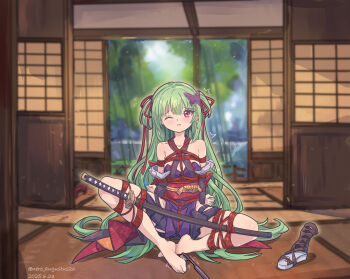 1girl 2025 absurdres architecture arms_behind_back bare_shoulders barefoot bdsm black_kimono black_skirt blunt_bangs blurry blurry_background blush bondage bound bound_arms bound_legs bound_torso breasts butterfly_hair_ornament chinese_commentary collarbone commentary commission criss-cross_halter dated day east_asian_architecture eyes_visible_through_hair feet flying_sweatdrops full_body furrowed_brow green_hair hair_between_eyes hair_ornament hair_ribbon hair_spread_out halterneck highres hime_cut indian_style indoors japanese_clothes katana kimono knees_apart_feet_together long_hair long_ribbon long_sleeves looking_at_viewer miniskirt murasame_(senren) nero_augustus one_eye_closed open_mouth pleated_skirt pom_pom_(clothes) red_eyes red_ribbon red_sash restrained ribbon sandals sash senren_banka shibari sidelocks sitting skirt small_breasts solo sweat sword tatami tickling tickling_feet toes toothbrush twitching twitter_username two_side_up unworn_sandals variant_set very_long_hair weapon