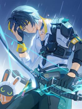 1216767974xue 1boy absurdres armor asaba_harumasa asymmetrical_gloves bangboo_(zenless_zone_zero) black_choker black_gloves black_hair black_necktie blue_pants bow_(weapon) choker clenched_teeth clothes_around_waist collarbone commentary_request cowboy_shot eous_(zenless_zone_zero) gloves half_gloves hand_on_own_head headband highres holding holding_bow_(weapon) holding_weapon male_focus mismatched_gloves necktie one_eye_closed outdoors pants parted_lips partially_fingerless_gloves pendant_choker rain shirt short_hair shoulder_armor single_half_glove sleeves_rolled_up teeth weapon white_shirt yellow_eyes yellow_gloves yellow_headband zenless_zone_zero