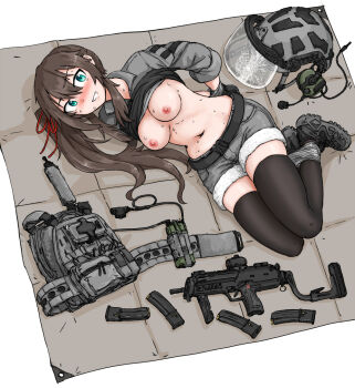 1girl ammunition black_gloves black_thighhighs blush boots bound brown_hair bullet_hole bulletproof_vest clothes_lift combat_helmet commentary defeat dutchko english_commentary gloves grey_boots grey_shirt grey_skirt gun h&amp;k_mp7 headphones helmet looking_at_viewer magazine_(weapon) microphone military nervous_smile nipples nude on_floor original red_dot_sight restrained rope scared shirt skirt smile submachine_gun sweat termichan_(not-a-bot) thighhighs weapon white_rope
