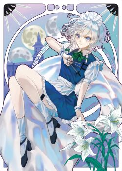 1girl apron between_fingers blue_eyes bow bowtie braid character_name collar collared_dress crescent_moon dress english_text flower framed full_body full_moon gradient_background green_bow green_bowtie green_ribbon grey_hair high_heels highres holding holding_knife izayoi_sakuya knife knives_between_fingers light_smile lily_(flower) maid maid_headdress midair moon nanasuou ribbon scarlet_devil_mansion shoes socks thigh_strap touhou twin_braids white_collar white_socks wrist_cuffs