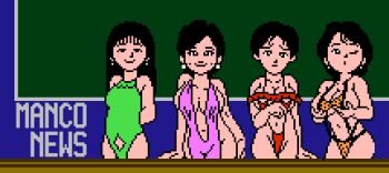 4girls animal_print arms_behind_back black_eyes black_hair breasts cleavage clothing_cutout collarbone dress earrings embarrassed famista famista_&#039;89_kaimakuban! grabbing_own_breast green_one-piece_swimsuit jewelry large_breasts leopard_print long_hair looking_at_viewer medium_breasts multiple_girls namco navel navel_cutout news newscaster one-piece_swimsuit one_eye_closed orange_slingshot_swimsuit pink_dress pixel_art print_slingshot_swimsuit red_slingshot_swimsuit reporter revealing_clothes saiwai_hiroshi short_hair side_slit sideboob sleeveless sleeveless_dress slingshot_swimsuit smile standing swimsuit underboob wink