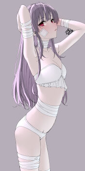 Rule 34 | 1girl, absurdres, armpits, arms behind head, arms up, bandaged arm, bandaged leg, bandages, blush, breasts, cleavage, frilled tube top, frills, gauze, gauze on cheek, grey background, highres, idolmaster, idolmaster shiny colors, kawai ritsu (rits meg), long hair, looking at viewer, medium breasts, open mouth, panties, purple hair, red eyes, simple background, skindentation, solo, strapless, thighs, tube top, underwear, white panties, white tube top, yukoku kiriko