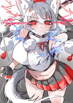 1girl absurdres adapted_costume animal_ear_fluff animal_ears asymmetrical_gloves bandaid bandaid_on_face black_gloves black_skirt breasts commentary_request crop_top eye_trail fingerless_gloves fingernails gloves hat highres inubashiri_momiji large_breasts light_trail long_fingernails looking_at_viewer midriff navel pleated_skirt pom_pom_(clothes) red_eyes red_hat red_skirt regua sharp_fingernails shirt skirt sleeveless sleeveless_shirt solo tail tokin_hat touhou two-tone_skirt uneven_gloves white_shirt wolf_ears wolf_girl wolf_tail