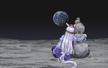 1girl animal_ears arm_up back_bow black_sky bow brown_hat commentary_request duct_tape ear_covers earth_(planet) facing_away from_behind gold_ship_(umamusume) grey_hair hat highres horse_ears horse_girl horse_tail leaning_to_the_side long_hair long_sleeves on_moon pillbox_hat planet pleated_skirt rock school_uniform shirt shoes sitting skirt sky solo tail tracen_school_uniform umajiri_gyuunyuu umamusume very_long_hair