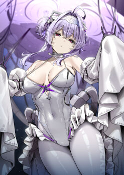 1girl ahoge armored_bodysuit armored_leotard bare_shoulders breasts cleavage closed_mouth covered_navel crossed_bangs frilled_sleeves frills goddess_of_victory:_nikke hair_between_eyes hair_intakes hands_up highres large_breasts leotard liberalio_(nikke) looking_at_viewer pink_eyes purple_hair sidelocks sky-freedom sleeves_past_fingers sleeves_past_wrists solo twintails white_sleeves