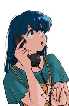 blue_eyes blue_hair corded_phone dress green_dress highres holding holding_phone looking_up maison_ikkoku otonashi_kyouko parted_lips phone poppowerhearts simple_background white_background