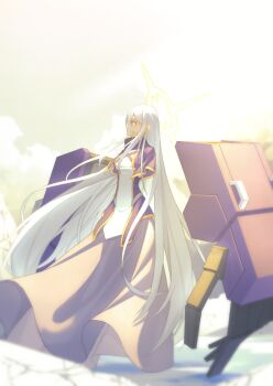 Rule 34 | 1girl, absurdres, amputee, blurry, blurry foreground, breasts, capelet, dress, halo, highres, hoshi shimeji (yuki-e-toriusu1), long hair, mechanical arms, medium breasts, original, oversized limbs, pink eyes, purple capelet, rayman limbs, solo, very long hair, white dress, white hair, wind, wind lift