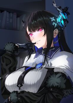 1girl absurdres asymmetrical_horns bare_shoulders black_hair blue_hair blush brasileiroo breasts clothing_cutout colored_inner_hair crystal_horns demon_horns feather-trimmed_jacket flower gloves hair_ornament highres hololive hololive_english horn_flower horns large_breasts long_hair looking_at_viewer mole mole_under_eye multicolored_hair nerissa_ravencroft nerissa_ravencroft_(1st_costume) red_eyes shirt shoulder_cutout smile solo tassel tassel_hair_ornament two-tone_hair uneven_horns very_long_hair virtual_youtuber