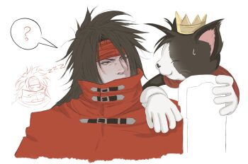 Rule 34 | 1boy, ?, black hair, cait sith (final fantasy), cat, cloak, crown, final fantasy, final fantasy vii, final fantasy vii rebirth, final fantasy vii remake, gloves, hashtag-only commentary, headband, highres, long hair, looking at another, male focus, mini crown, naormiuo, red cloak, red eyes, red headband, simple background, spoken question mark, sweatdrop, upper body, vincent valentine, white gloves, zzz