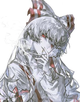 1girl absurdres bow cigarette collared_shirt commentary fujiwara_no_mokou hair_bow hair_ribbon highres holding holding_cigarette long_hair long_sleeves looking_at_viewer red_eyes ribbon shirt shui_fou smile smoke smoke_trail smoking solo touhou twitter_username upper_body white_background white_hair white_shirt