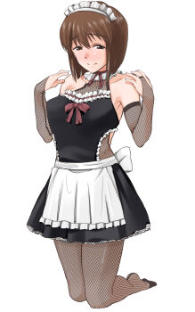 1girl apron bare_shoulders black_dress bodystocking breasts bridal_gauntlets brown_eyes brown_hair closed_mouth commentary_request dress fishnet_bodystocking fishnet_gloves fishnets full_body gloves hagiwara_yukiho hands_up highres idolmaster idolmaster_(classic) kirihara_you kneeling looking_at_viewer maid maid_headdress raised_inner_eyebrows short_hair simple_background solo waist_apron white_apron white_background