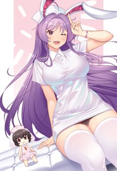 2girls :d animal_ears breasts chibi dress hat hataraki_kuma inaba_tewi large_breasts long_hair looking_at_viewer lop_rabbit_ears multiple_girls nurse nurse_cap one_eye_closed open_mouth panties pantyshot purple_hair rabbit_ears rabbit_girl reisen_udongein_inaba sitting smile thighhighs touhou underwear white_dress white_panties white_thighhighs