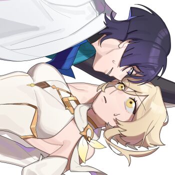 1boy 1girl armpit_crease bare_shoulders black_bodysuit black_bridal_gauntlets blonde_hair blunt_ends bodysuit boy_on_top breasts bridal_gauntlets detached_sleeves dress eye_contact eyelashes face-to-face from_side genshin_impact gold_trim hashtag-only_commentary hetero highres japanese_clothes kimono looking_at_another lumine_(as_heaven_and_earth_are_made_anew)_(genshin_impact) lumine_(genshin_impact) lying medium_breasts on_back parted_lips popotpat purple_eyes purple_hair scaramouche_(genshin_impact) scarf short_hair short_hair_with_long_locks sidelocks sweatdrop tsurime turtleneck turtleneck_bodysuit wanderer_(genshin_impact) white_background white_dress white_kimono white_scarf yellow_eyes yukadon