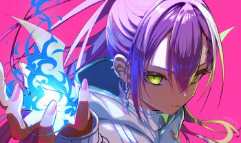 1girl absurdres blue_fire ear_piercing earrings fire green_eyes highres hololive hooded_shrug jewelry piercing pink_background purple_hair sgmt_proxy shrug_(clothing) simple_background solo tokoyami_towa tokoyami_towa_(cyberpunk) upper_body virtual_youtuber white_shrug