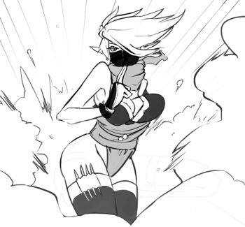 Rule 34 | 1girl, elf, female focus, hair over one eye, kunoichi elf (mon-musu quest!), mon-musu quest!, monochrome, monster girl, ninja, pointy ears, short hair, smoke, solo, wizard898