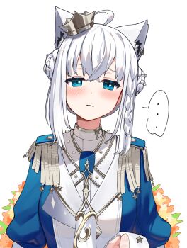 ... 1girl ahoge animal_ears blue_eyes blush crossed_bangs crown double_bun epaulettes fox_ears fox_girl hair_bun highres hololive long_sleeves looking_at_viewer military_uniform mini_crown shirakami_fubuki shirakami_fubuki_(fbkingdom) simple_background solo spoken_ellipsis upper_body virtual_youtuber white_background white_hair woogi_(duguddnr)