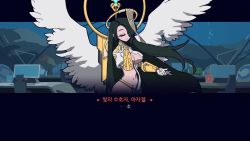 2girls angel angel_wings animated azazel_(last_origin) bad_end black_hair black_legwear blood breast_curtains breasts cropped_jacket fake_screenshot feathered_wings felixtoc glorious_success gloves good_end hair_over_one_eye halo hand_on_own_chest helltaker huge_filesize jacket korean_text large_breasts last_origin long_hair monitor multiple_girls multiple_monitors navel nun pelvic_curtain purple_eyes revealing_clothes shrug_(clothing) sword ugoira vanripper_(style) veronica_type-asc very_long_hair video weapon white_gloves white_jacket white_wings wings