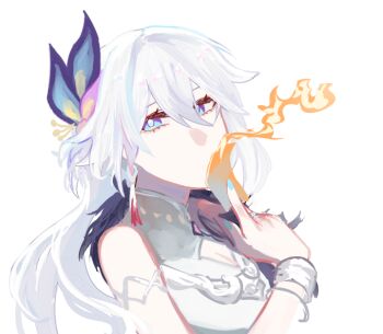 1girl between_fingers blue_eyes bracelet china_dress chinese_clothes chrstve cleavage_cutout clothing_cutout dress earrings fire hair_between_eyes hashtag-only_commentary holding honkai:_star_rail honkai_(series) jewelry long_hair nail_polish ofuda ofuda_between_fingers peacock_feathers_hair_ornament single_earring sleeveless tassel white_background white_hair yao_guang_(honkai:_star_rail)