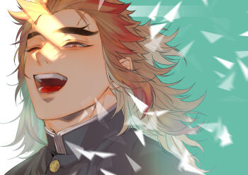Rule 34 | 1boy, ;d, black jacket, blonde hair, colored tips, commentary request, dappled sunlight, demon slayer uniform, forked eyebrows, green background, hashimoto (yanagi-momo), jacket, kimetsu no yaiba, long hair, looking at viewer, male focus, multicolored hair, one eye closed, open mouth, portrait, red eyes, red hair, rengoku kyoujurou, smile, solo, sunlight, teeth, thick eyebrows, tongue, two-tone background, two-tone hair, upper body, yellow eyes