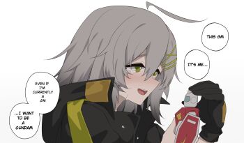 1girl adachi_t_(xadachit) ahoge black_jacket blush character_request close-up commentary copyright_request croque_(neural_cloud) crying crying_with_eyes_open dated_commentary english_text from_side girls&#039;_frontline girls&#039;_frontline_neural_cloud green_eyes grey_hair gundam hair_between_eyes hair_ornament hairclip highres hood hooded_jacket jacket medium_hair open_mouth parallel_hairclips portrait sidelocks simple_background solo tears teeth upper_teeth_only white_background