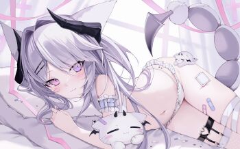 1girl :3 absurdres animal_ears arm_belt armband bandaid_on_thigh bare_shoulders bed bed_sheet belt black_horns blue_belt blush cat_ears cat_girl closed_mouth commentary cross curtains familiar fang fishnet_thighhighs fishnets frilled_armband frilled_panties frills gauze_on_thigh grey_hair groin hair_between_eyes hair_intakes hair_ornament hair_over_one_eye hair_spread_out hairclip hand_in_own_hair heterochromia highres horns indoors injury ixopod long_hair looking_at_viewer lying navel on_bed on_side original panties parallel_hairclips pill pillow pink_eyes pink_ribbon purple_eyes ribbon scorpion_tail sidelocks single_thighhigh skin_fang slit_pupils solo stomach stuffed_toy tail thigh_strap thighhighs thighs underwear very_long_hair white_background white_panties white_thighhighs window
