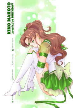back_bow bishoujo_senshi_sailor_moon bishoujo_senshi_sailor_moon_stars boots bow bowtie brown_hair circlet commentary_request earrings elbow_gloves gloves green_bow green_eyes green_sailor_collar green_skirt hair_bobbles hair_ornament highres jewelry kino_makoto knee_boots koya lips long_hair looking_at_viewer magical_girl pink_bow pink_bowtie ponytail sailor_collar sailor_jupiter sailor_senshi_uniform skirt smile star_(symbol) star_earrings super_sailor_jupiter_(stars) white_boots white_gloves