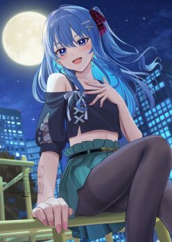 1girl :d arm_up black_pantyhose black_shirt blue_eyes blue_hair blue_ribbon building collarbone commentary_request cropped_shirt earrings eyelashes fingernails floral_print full_moon green_skirt hair_ornament hair_ribbon hand_on_own_chest hand_on_railing high-waist_skirt highres hololive hoshimachi_suisei jewelry lace-up_top leg_up legs_together long_hair looking_at_viewer midriff moon nail_polish nakaneabura8623 necklace night night_sky on_railing one_side_up open_mouth outdoors pantyhose pink_nails plaid_ribbon pleated_skirt railing red_ribbon ribbon shirt single-shoulder_shirt single_bare_shoulder sitting skirt sky smile socks sparkle star_(symbol) star_in_eye symbol_in_eye virtual_youtuber watermark x_hair_ornament