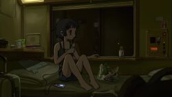 1girl alarm_clock anbiyori animated bag bare_shoulders barefoot bed black_hair black_shorts black_tank_top blinking clock closed_mouth clothes_hanger cup mp3_player disposable_cup drinking drinking_straw earbuds earphones feet highres holding_carton intercom interior knees_to_chest lamppost looping_animation muted_color on_bed original plastic_bag plastic_bottle radio reflection rolling_suitcase short_hair shorts sitting slice_of_life solo sound speaker suitcase tagme tank_top toes train_interior vehicle_interior video window