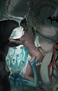 1girl 3others arm_up breasts commentary completely_nude group_sex highres interspecies monster multiple_others mushroom nude original penis rain sarykabomb sex thigh_grab wet