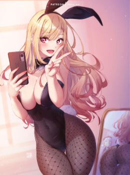 1boy 1girl animal_ears ass back-seamed_legwear bare_shoulders black_bow black_bowtie black_hairband black_leotard black_pantyhose blonde_hair blush bow bowtie breasts cellphone cleavage coat coattails colored_tips commentary contrapposto covered_navel detached_collar ear_piercing english_commentary fake_animal_ears fake_nails fake_tail fingernails fishnet_pantyhose fishnets floating_hair full-length_mirror gluteal_fold gojou_wakana hairband hand_up highleg highleg_leotard holding holding_phone jewelry kitagawa_marin large_breasts leotard long_fingernails long_hair long_sleeves looking_at_viewer looking_to_the_side mirror mitsu_(mitsu_art) multicolored_hair nail_polish pantyhose parted_lips phone piercing playboy_bunny rabbit_ears rabbit_tail red_eyes reflection ring seamed_legwear smartphone smile solo_focus sono_bisque_doll_wa_koi_wo_suru strapless strapless_leotard swept_bangs tail tailcoat thigh_gap thighs thong_leotard traditional_bowtie v wrist_cuffs