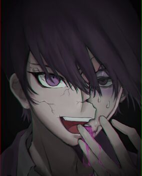 Rule 34 | 1boy, black background, blood, blood from mouth, blood on hands, collared shirt, commentary, cracked kawaii mask, cracked mask, cxhihx, danganronpa (series), danganronpa v3: killing harmony, facial hair, goatee, hair between eyes, hand to own mouth, highres, jacket, looking at viewer, male focus, mask, momota kaito, open mouth, pink blood, portrait, purple eyes, purple facial hair, purple hair, shirt, short hair, sick, smile, solo, spiked hair, sweat, symbol-only commentary, teeth