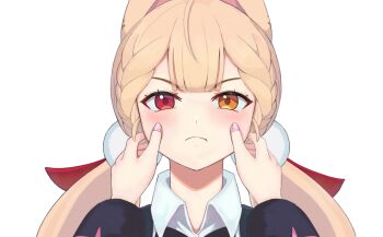 2girls alice_thymefield animal_ears blonde_hair cheek_pinching closed_mouth es030103010301 hair_ornament hand_on_another&#039;s_cheek hand_on_another&#039;s_face hashtag-only_commentary heterochromia highres long_hair looking_at_viewer multiple_girls nail_polish pinching pink_nails pov pov_hands rabbit_ears rabbit_girl red_eyes shirt simple_background sphere_hair_ornament twintails ukinami_yuzuha upper_body white_background white_shirt yellow_eyes yuri zenless_zone_zero