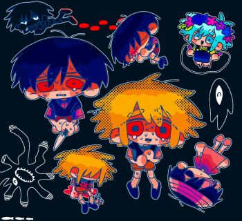 4boys alternate_eye_color antenna_hair bandaged_head bandages barefoot basil_(faraway)_(omori) basil_(headspace)_(omori) basil_(omori) black_background black_eyes black_hair black_shoes black_skin black_sweater_vest blonde_hair blood blood_on_clothes blood_on_face blood_on_hands bloody_footprints blue_overalls brown_shorts chibi chibi_only closed_eyes closed_mouth collared_shirt colored_skin commentary double-parted_bangs dual_persona english_commentary expressionless eyepatch flower flower_wreath footprints gardening_shears green_eyes green_hair green_shirt green_sweater_vest hair_between_eyes head_wreath holding holding_jump_rope holding_knife hospital_gown jump_rope knife kobanzame_omo looking_at_viewer lying male_focus medical_eyepatch multiple_boys nervous_sweating omori on_stomach open_mouth overall_shorts overalls parted_lips red_eyes shirt shoes short_hair short_sleeves shorts sidelocks simple_background slippers socks something_(omori) spoilers stranger_(omori) suicide sunny_(hospital_gown)_(omori) sunny_(omori) sweat sweater_vest t-shirt white_eyes white_shirt white_socks