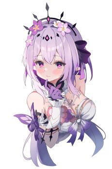 1girl absurdres blush breasts castorice_(honkai:_star_rail) cleavage commentary cropped_torso detached_sleeves dress elf flower gloves hair_flower hair_ornament hand_up highres honkai:_star_rail honkai_(series) large_breasts long_hair looking_to_the_side pointy_ears pota_ken purple_eyes purple_gloves purple_hair simple_background solo white_background white_dress