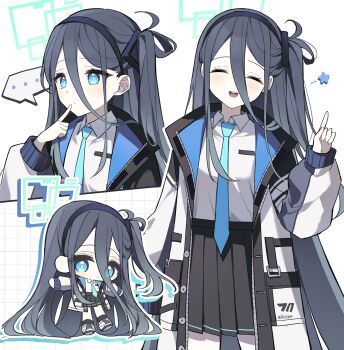 ... 1girl :d ^_^ absurdly_long_hair aqua_eyes aqua_halo aris_(blue_archive) arm_at_side black_hair black_hairband black_jacket black_skirt black_socks blue_archive blue_jacket blue_necktie blush breasts bright_pupils chibi closed_eyes closed_mouth collared_shirt commentary cowboy_shot double-parted_bangs drop_shadow facing_viewer finger_to_mouth grid_background hair_between_eyes hairband halo hand_up highres index_finger_raised jacket long_bangs long_hair long_hair_between_eyes long_sidelocks long_sleeves looking_at_viewer mulook multicolored_jacket multiple_views necktie one_side_up open_clothes open_jacket open_mouth outline outstretched_arms parted_lips pleated_skirt puffy_long_sleeves puffy_sleeves rectangular_halo ringed_eyes school_uniform shirt shoes sidelocks simple_background skirt small_breasts smile socks speech_bubble spoken_ellipsis star_(symbol) teeth thinking two-sided_fabric two-sided_jacket upper_teeth_only very_long_hair white_background white_jacket white_outline white_shirt white_shoes